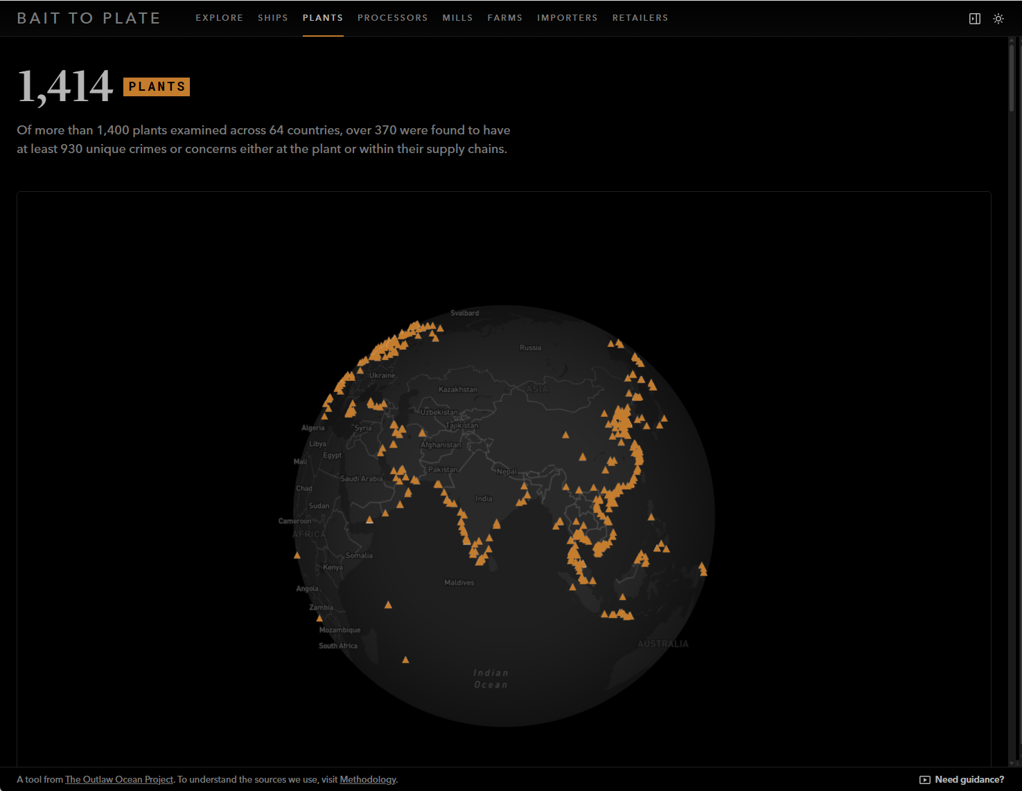 Globe view of the Bait to Plate tool showing 1,414 fishmeal plants plotted worldwide, densely clustered along the coasts of East and South Asia.